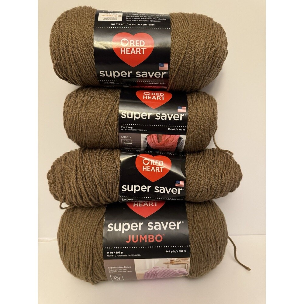 Red Heart Super Saver Yarn Lot Café Latte Brown - 4 Skeins (3 Regular, 1 Jumbo)